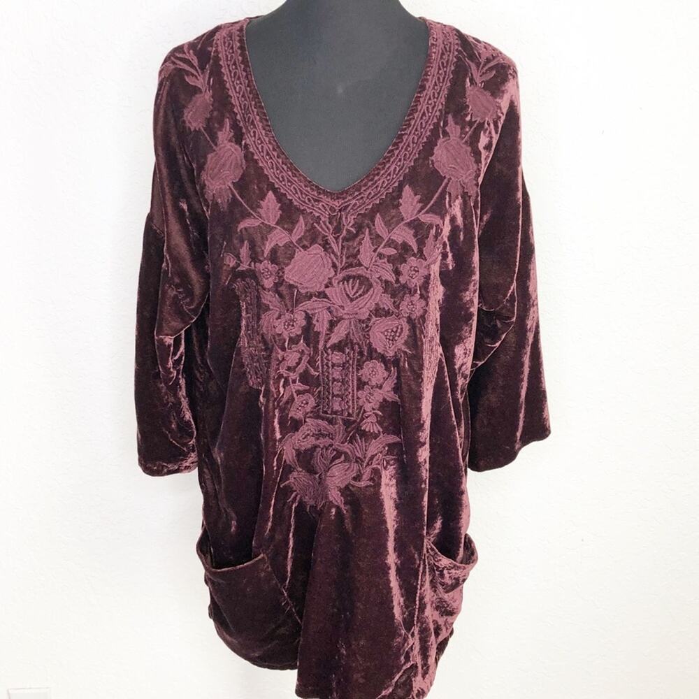 Soft Surrounding maroon wine velvet velour embroidered tunic top size Large